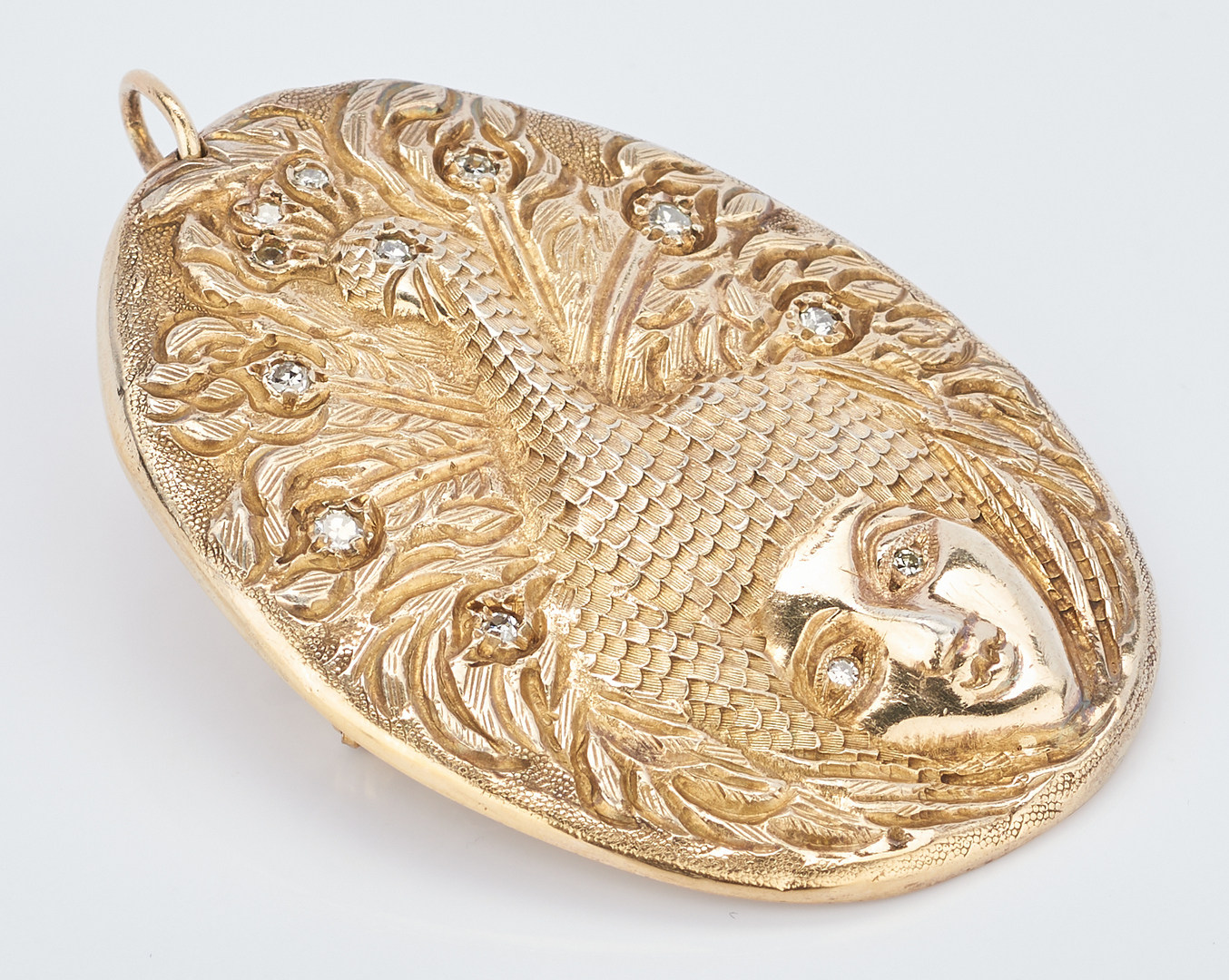 Lot 719: 14K Art Nouveau Style Gold Brooch w/ Diamonds