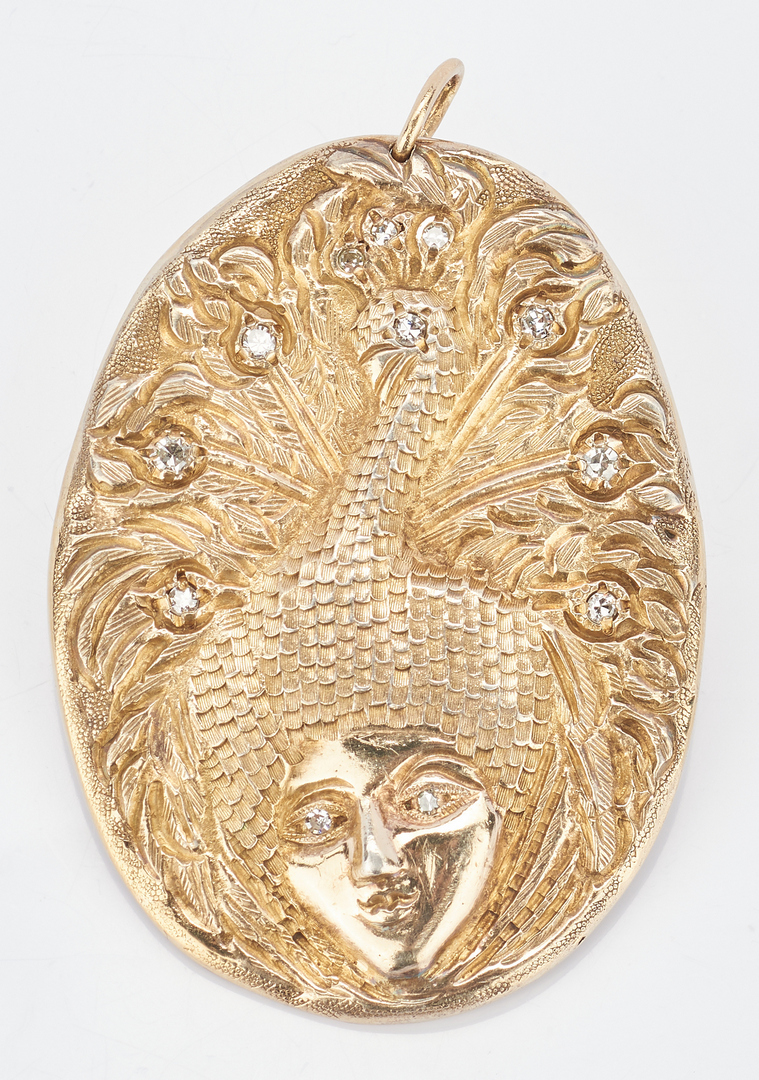 Lot 719: 14K Art Nouveau Style Gold Brooch w/ Diamonds