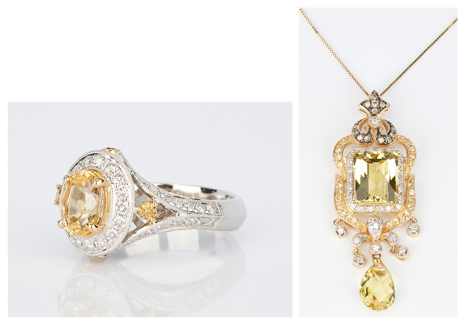 Lot 727: 14K Diamond & Citrine Pendant Necklace & 18K Sapphire Ring