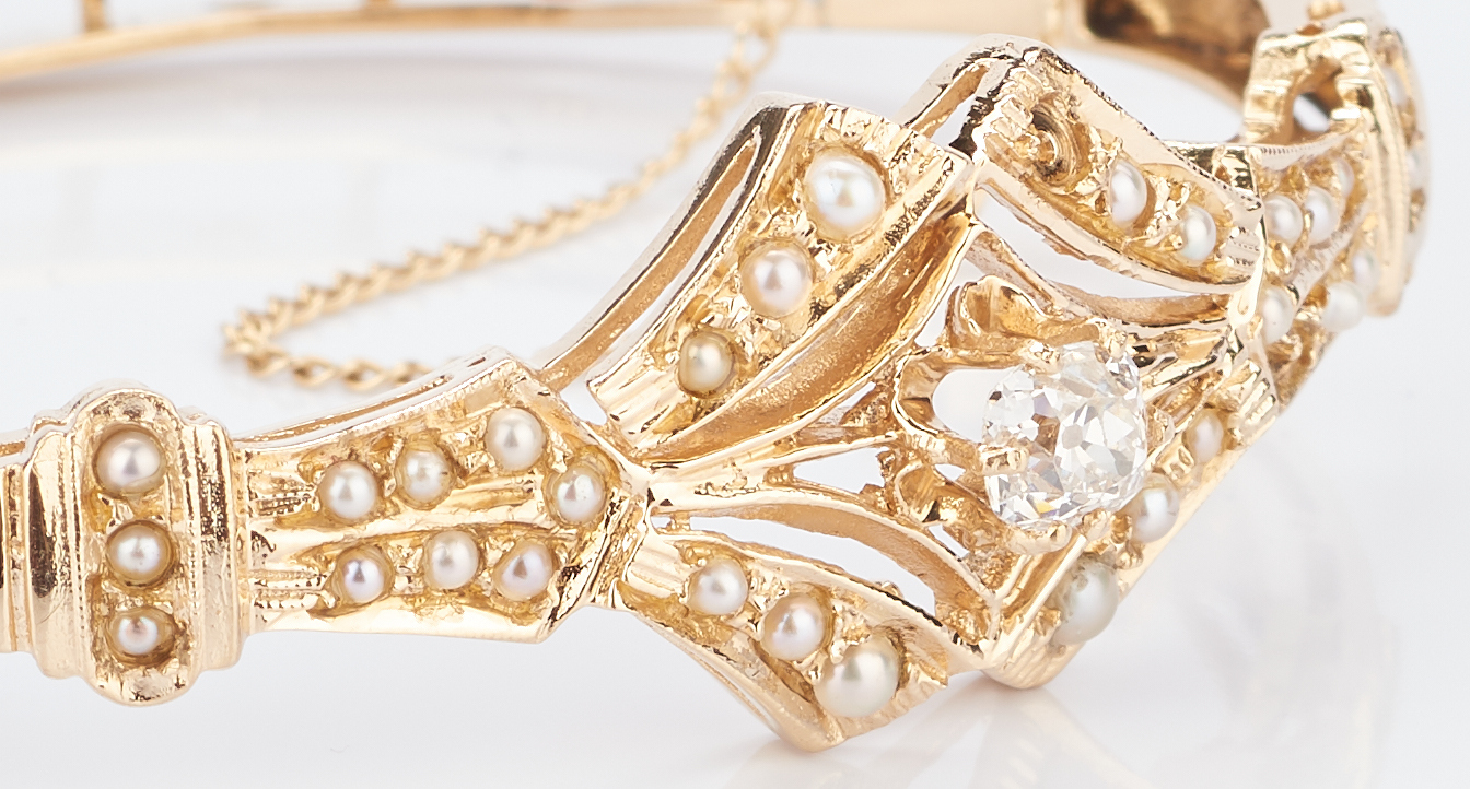 Lot 776: 14K Victorian Diamond & Pearl Bangle Bracelet