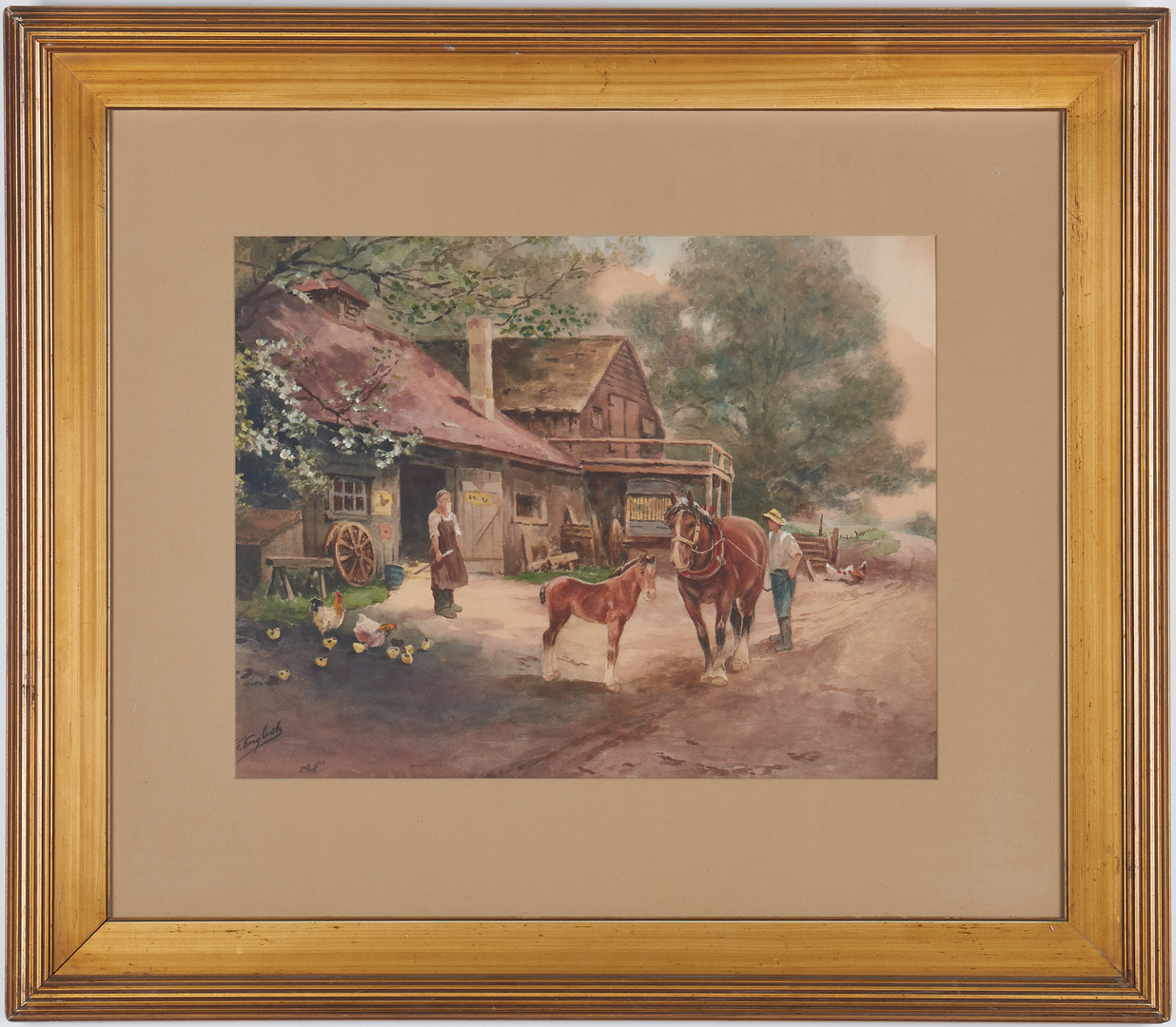Lot 815: Frank English Watercolor on Paper, Rural Scene w/ Horses