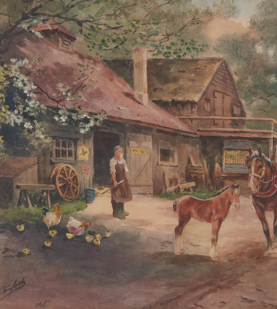 Lot 815: Frank English Watercolor on Paper, Rural Scene w/ Horses