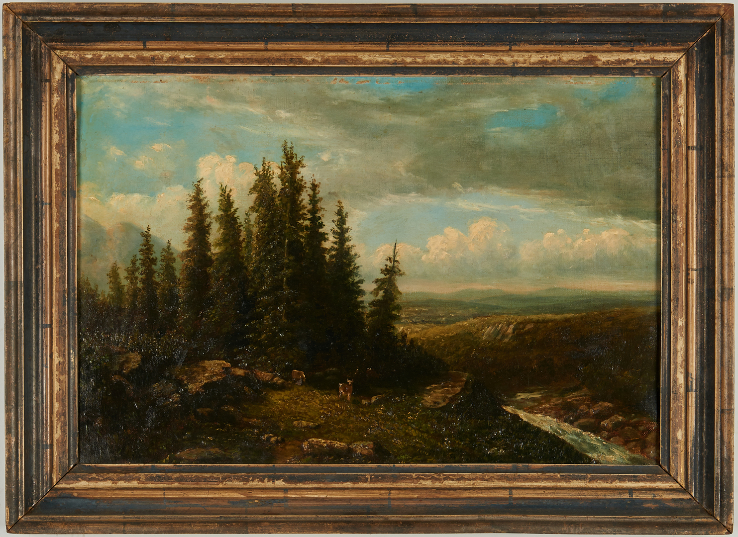 Lot 834: British School O/C Landscape Painting, Deer and Pine Trees