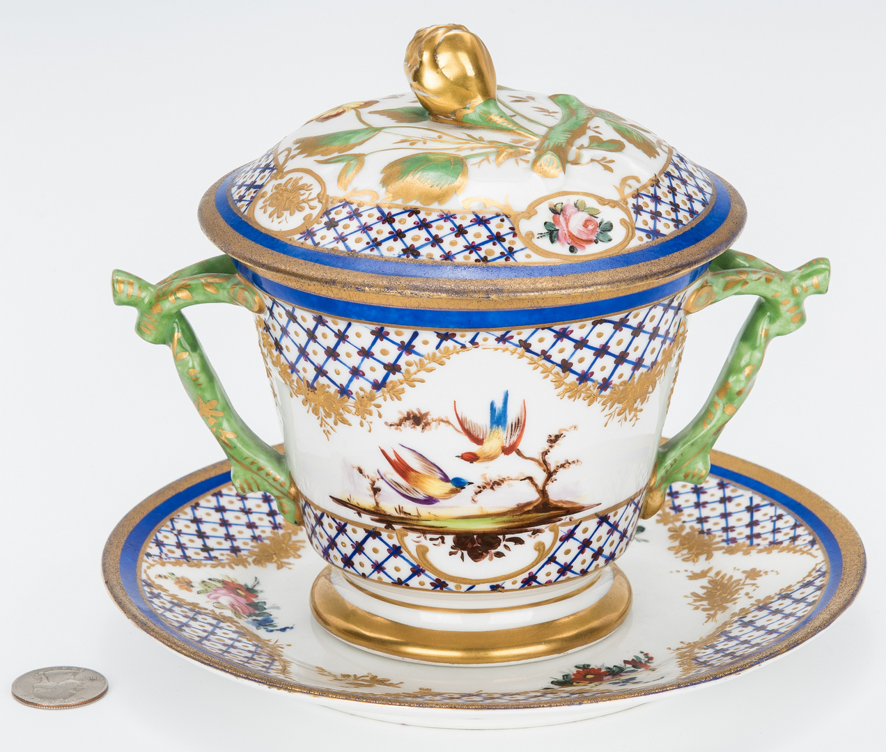 Lot 842: Sevres Style Porcelain Ecuelle w/ Underplate & Cover
