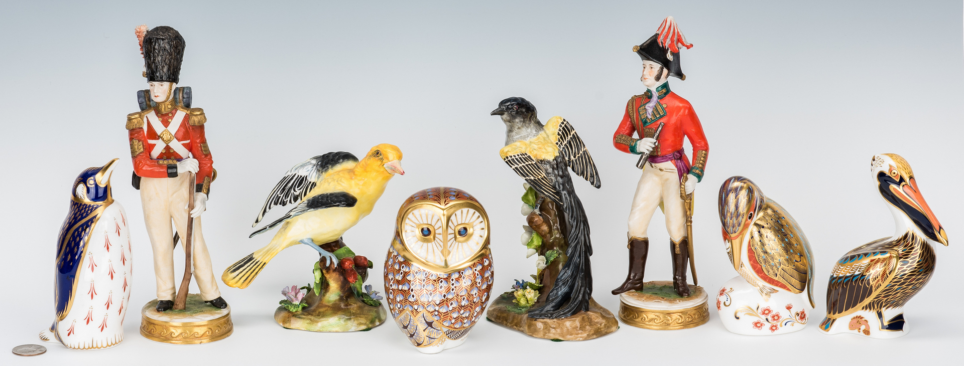 Lot 844: 8 Assorted European Porcelain Figural Items, Crown Derby & Staffordshire