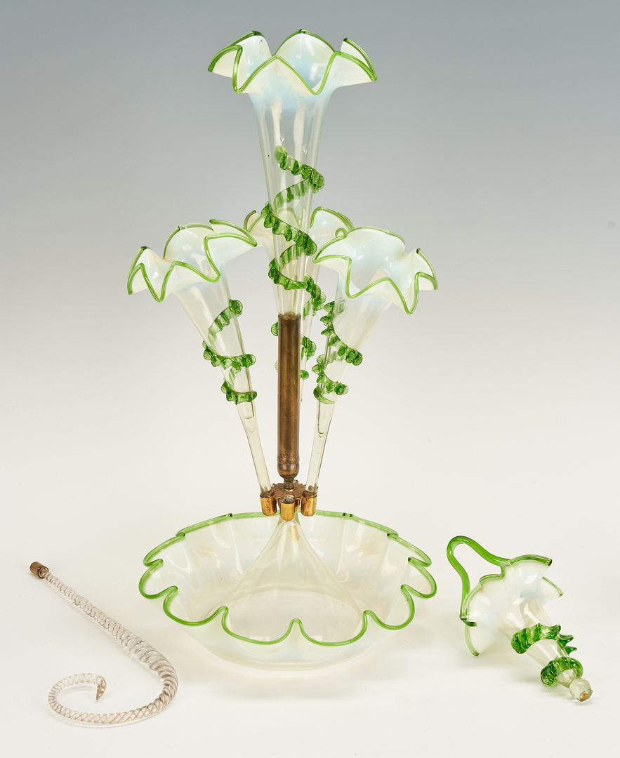 Lot 863: Victorian Green & Opalescent Glass Epergne w/ Baskets