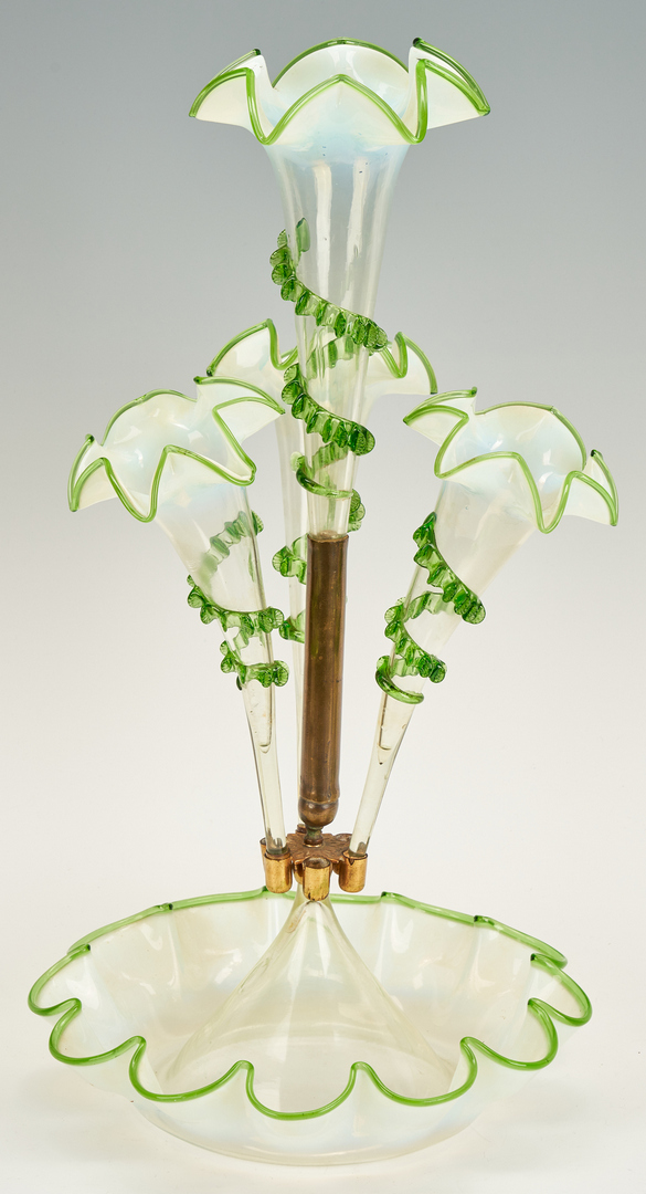 Lot 863: Victorian Green & Opalescent Glass Epergne w/ Baskets