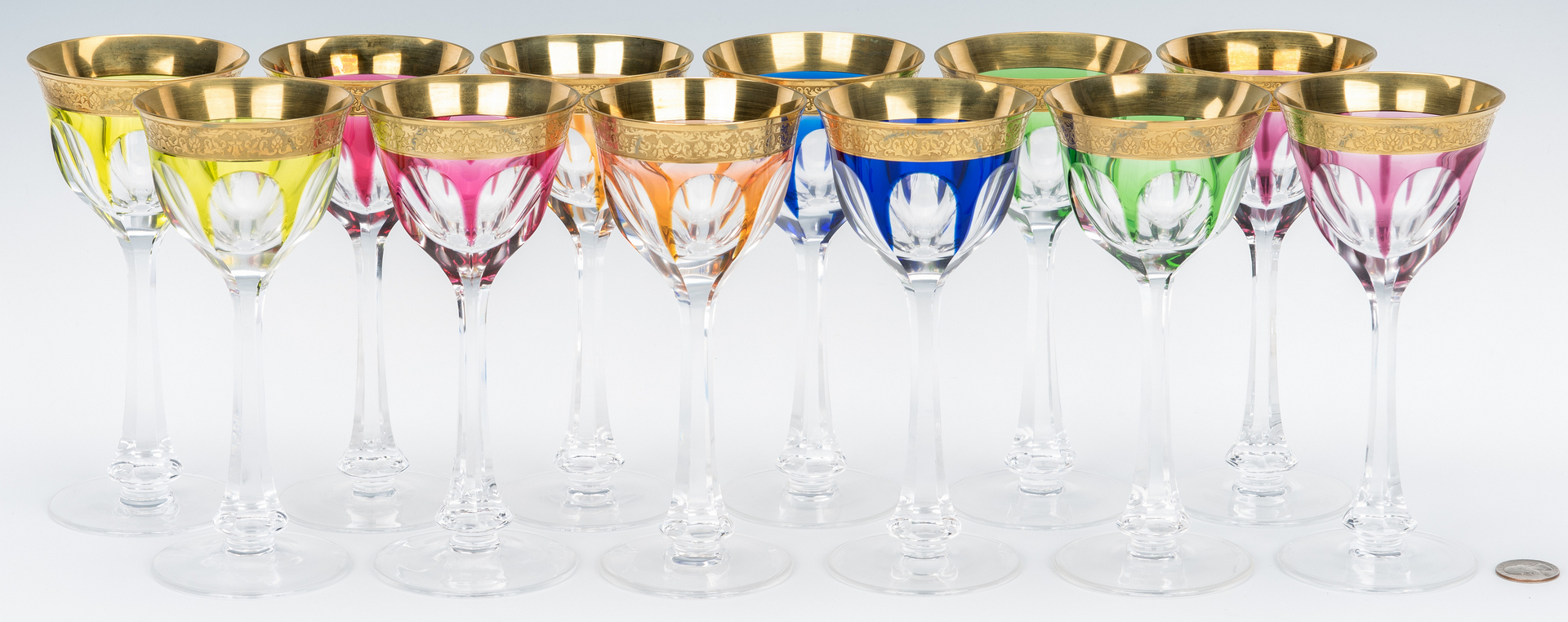Lot 864: 12 Signed Moser Colored Wine Glasses