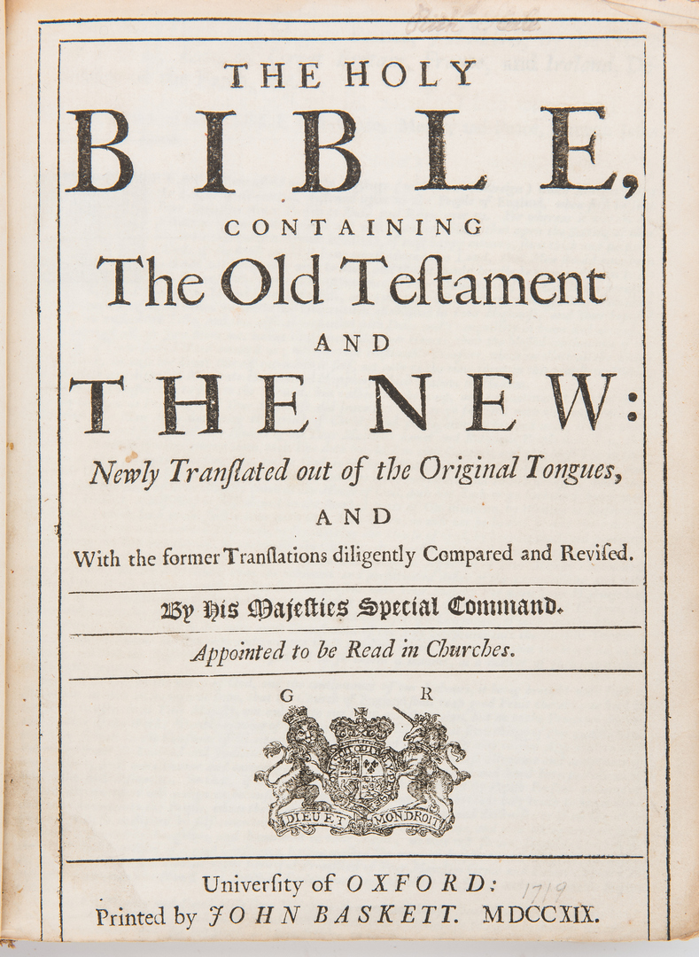 Lot 874: 2 Baskett Bibles plus Nicolas de Hannappes Book