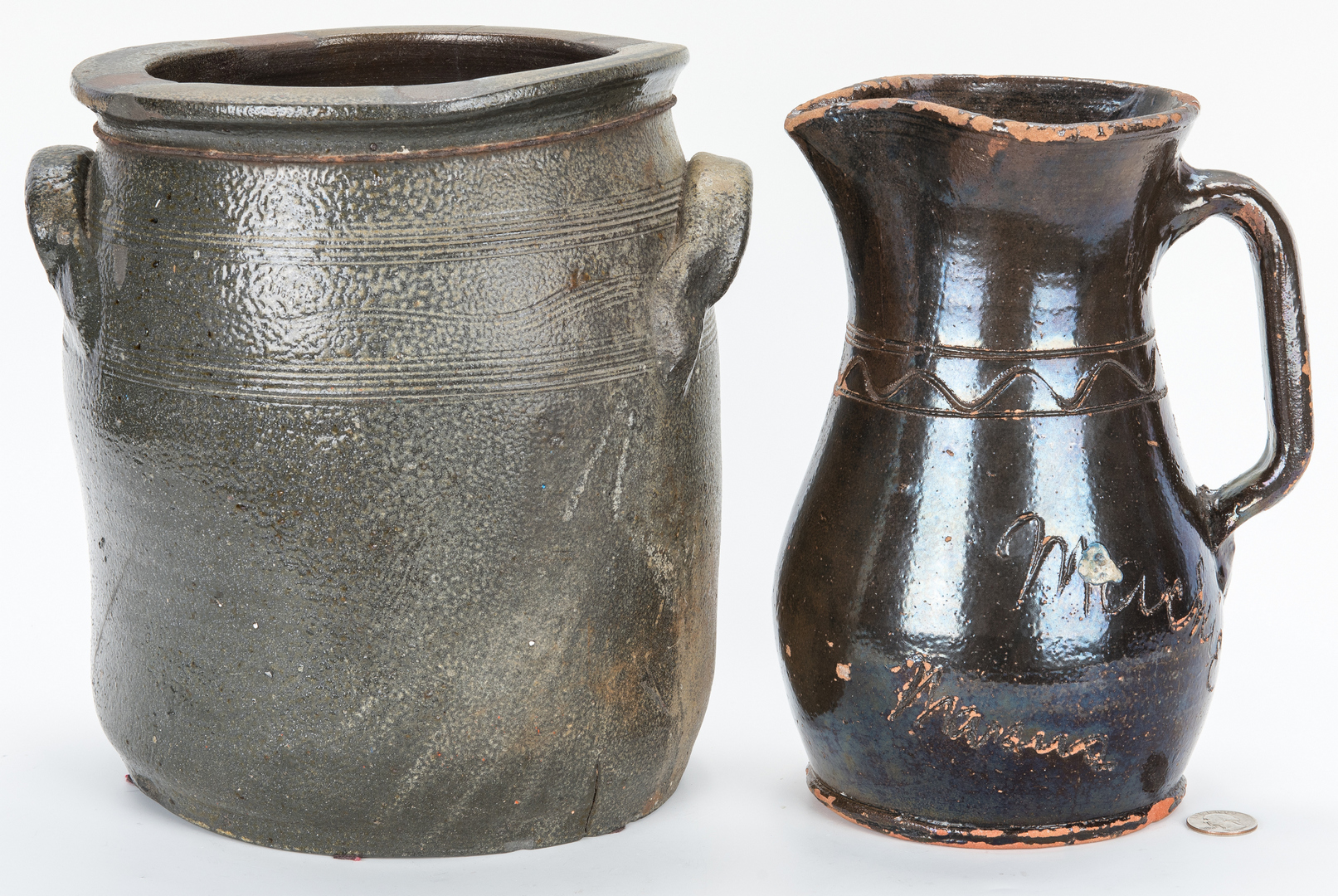 Lot 878: 2 Southern Stoneware Pottery Items, Pitcher & Jar
