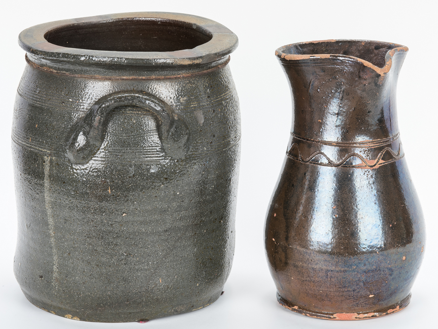 Lot 878: 2 Southern Stoneware Pottery Items, Pitcher & Jar