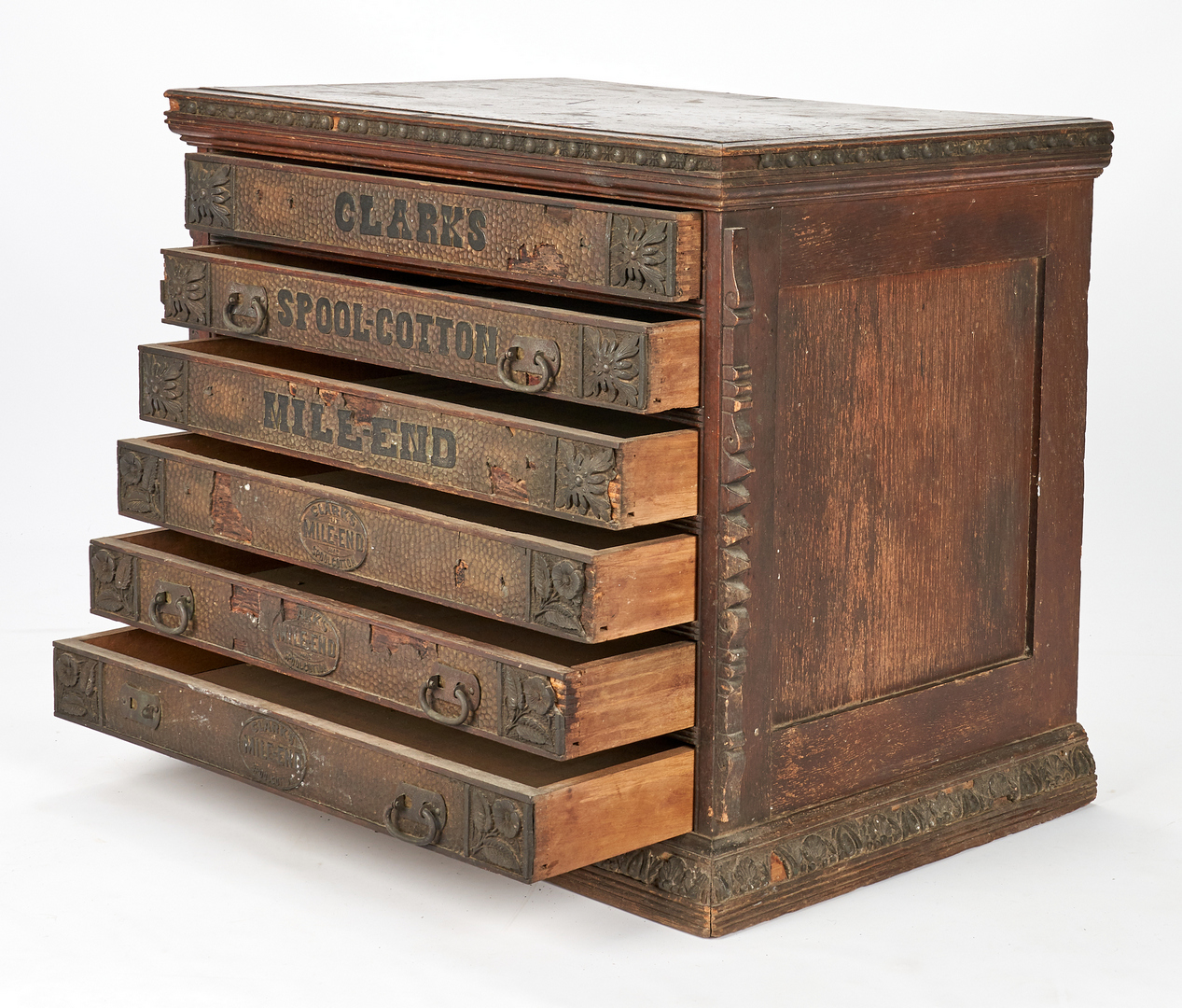 Lot 892: 2 Mercantile Spool Cabinets, incl. Clark's Advertising