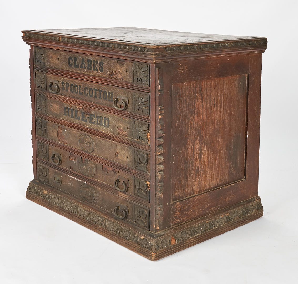 Lot 892: 2 Mercantile Spool Cabinets, incl. Clark's Advertising