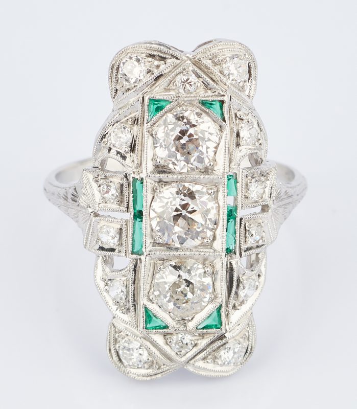 Lot 931: Ladies Platinum, Diamond & Green Glass Ring