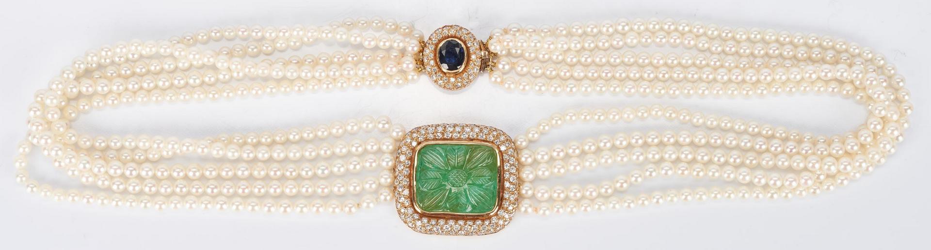 Lot 933: 18K Pearl Strand Necklace w/ Jade, Sapphire, & Diamonds.
