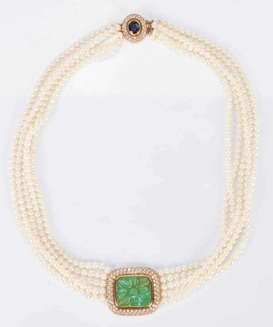 Lot 933: 18K Pearl Strand Necklace w/ Jade, Sapphire, & Diamonds.
