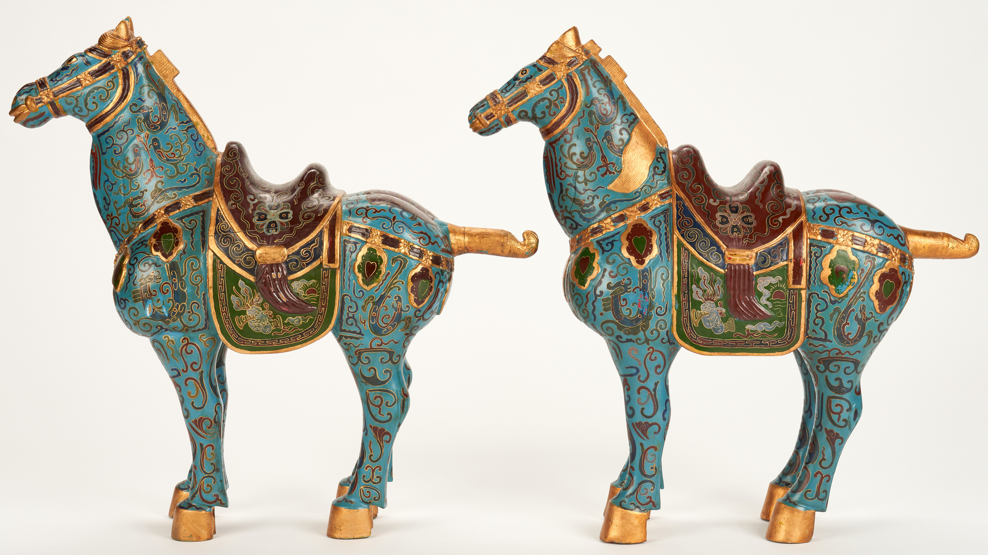 Lot 963: Pair of Chinese Wooden Horses, Cloisonne Pattern