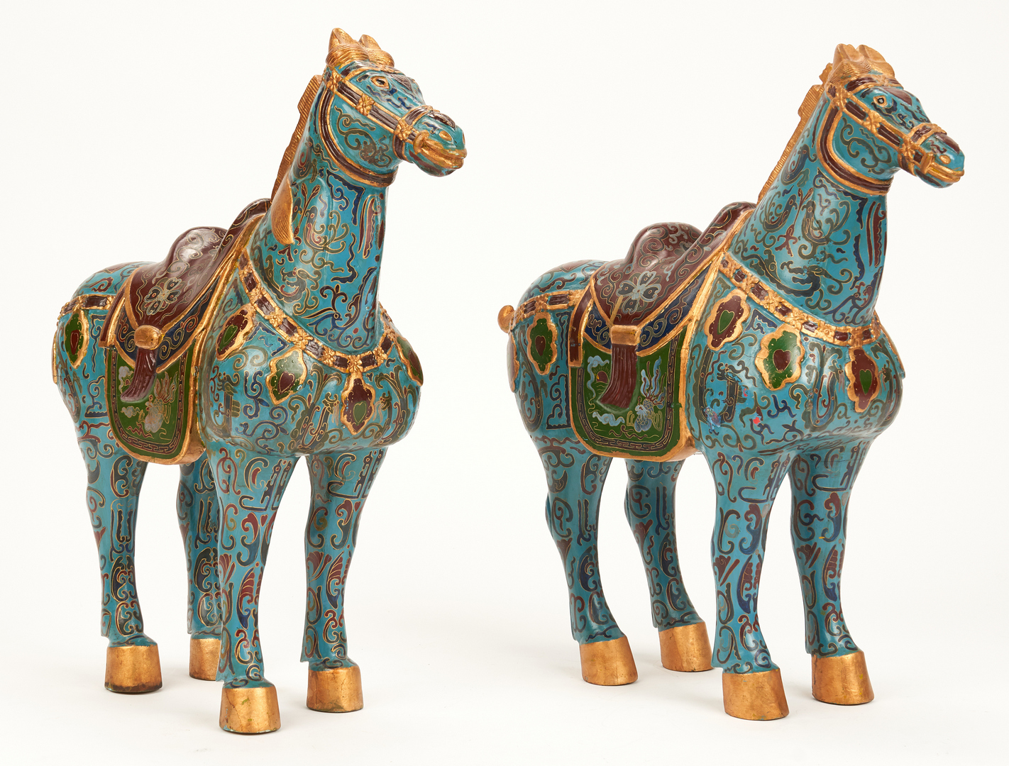 Lot 963: Pair of Chinese Wooden Horses, Cloisonne Pattern