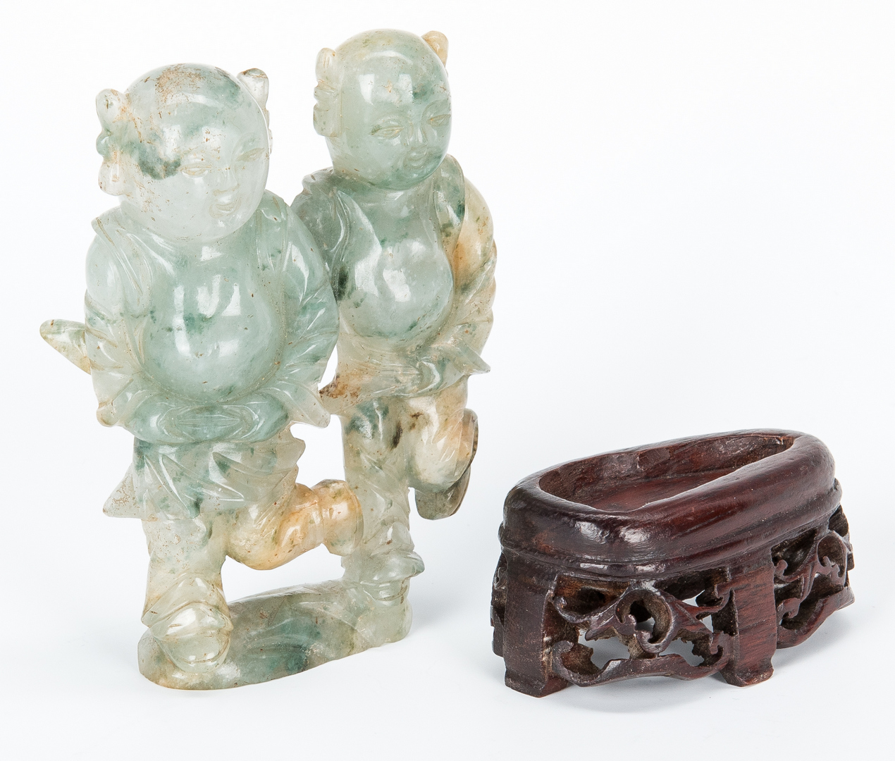 Lot 968: 1 Celadon Jade & 3 Carved Hardstone Items, 1 Cinnabar Bowl