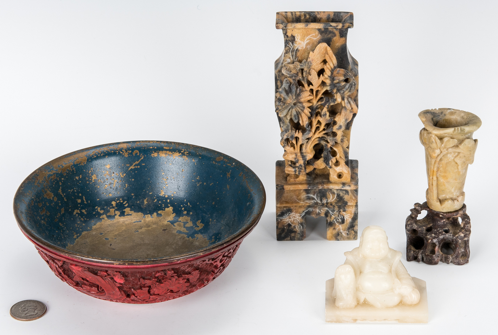 Lot 968: 1 Celadon Jade & 3 Carved Hardstone Items, 1 Cinnabar Bowl