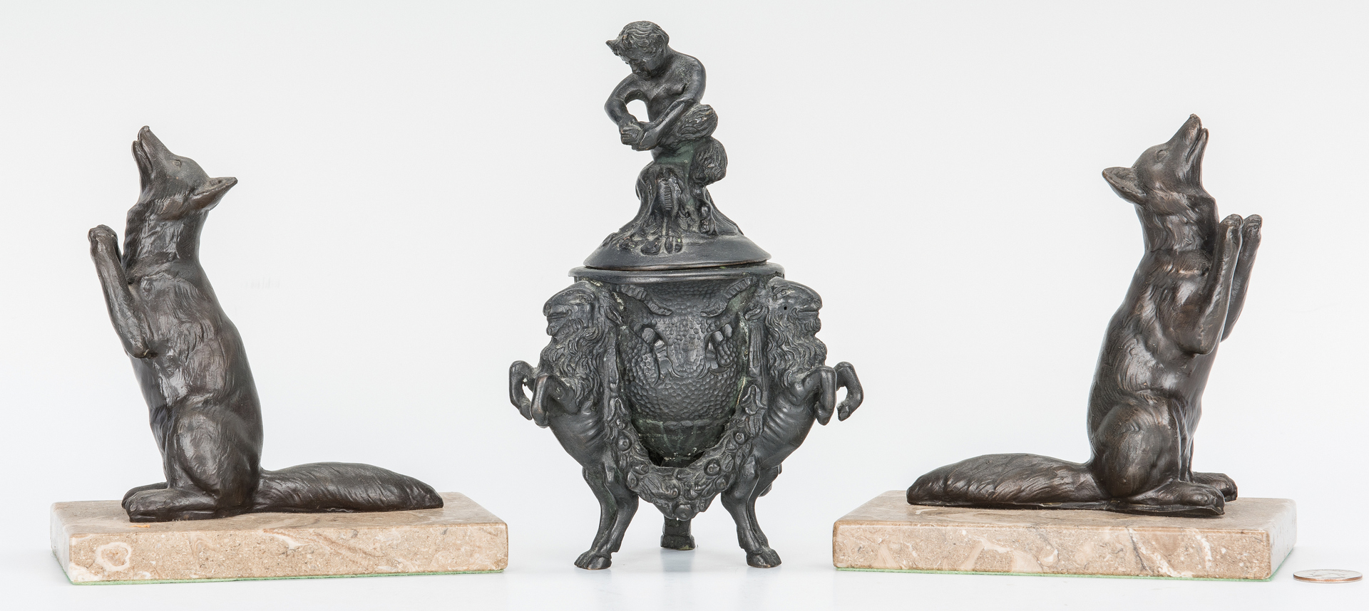Lot 980: Bronze Covered Urn and Pair of Fox Bookends