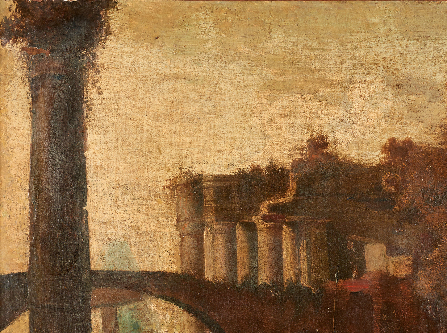 Lot 99: Style of Hubert Robert, 18th C. Landscape with Roman Ruins and 3 figures
