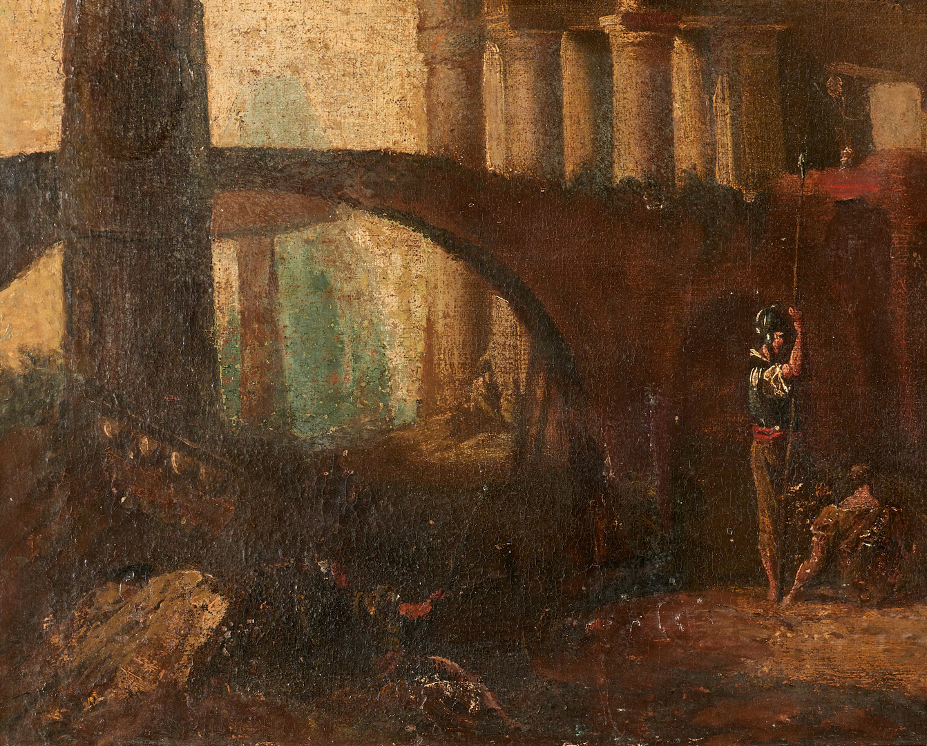 Lot 99: Style of Hubert Robert, 18th C. Landscape with Roman Ruins and 3 figures