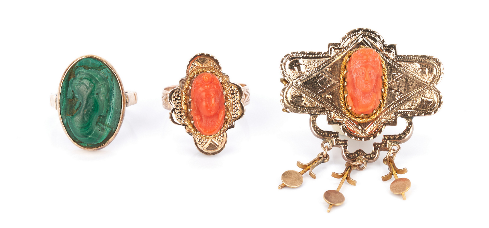 Lot 1041: 2 Ladies 10K Rings and 1 Brooch with Cameos