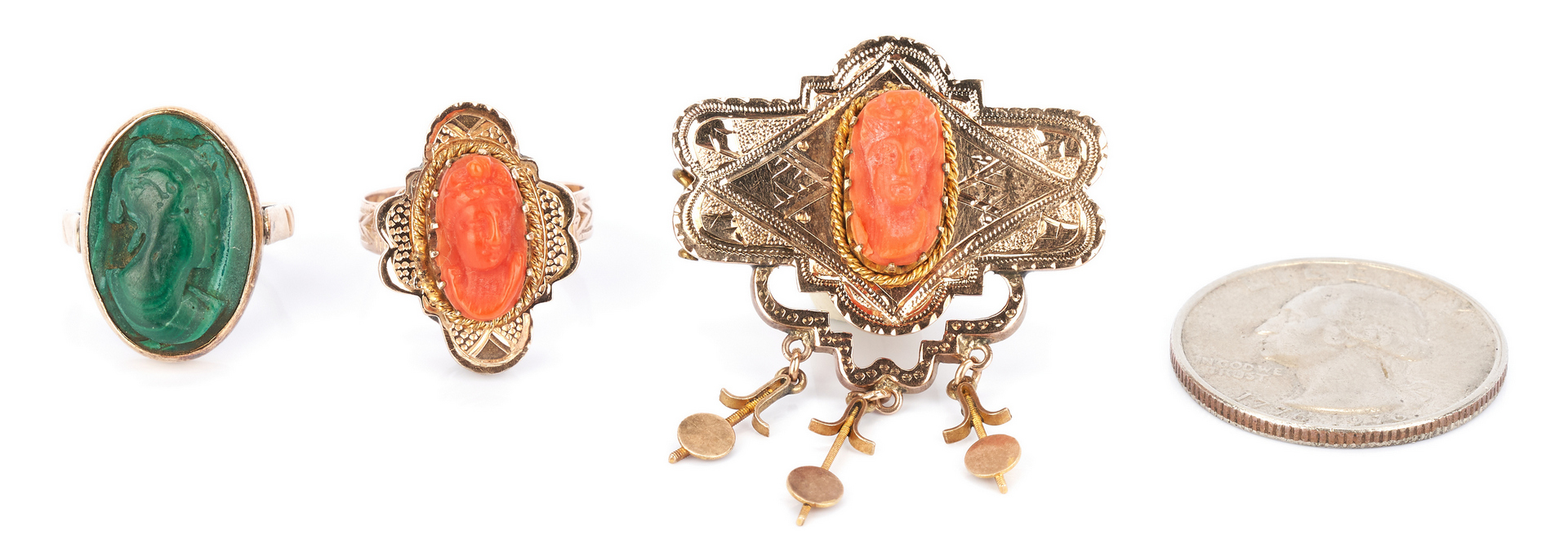 Lot 1041: 2 Ladies 10K Rings and 1 Brooch with Cameos