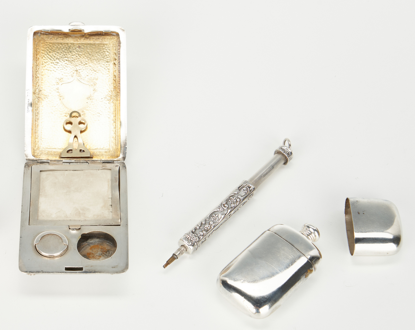 Lot 1053: 3 Sterling Silver Items, Purse, Pen & Flask