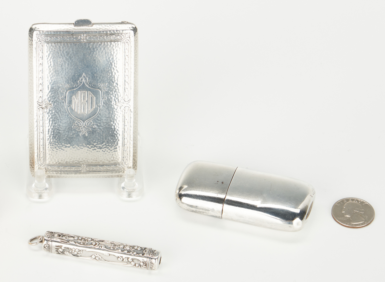 Lot 1053: 3 Sterling Silver Items, Purse, Pen & Flask