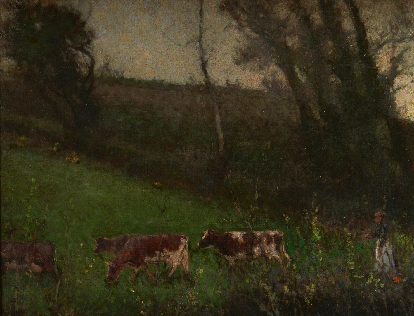 Lot 115: Lamorna Birch O/C, Landscape with Figure and Cattle