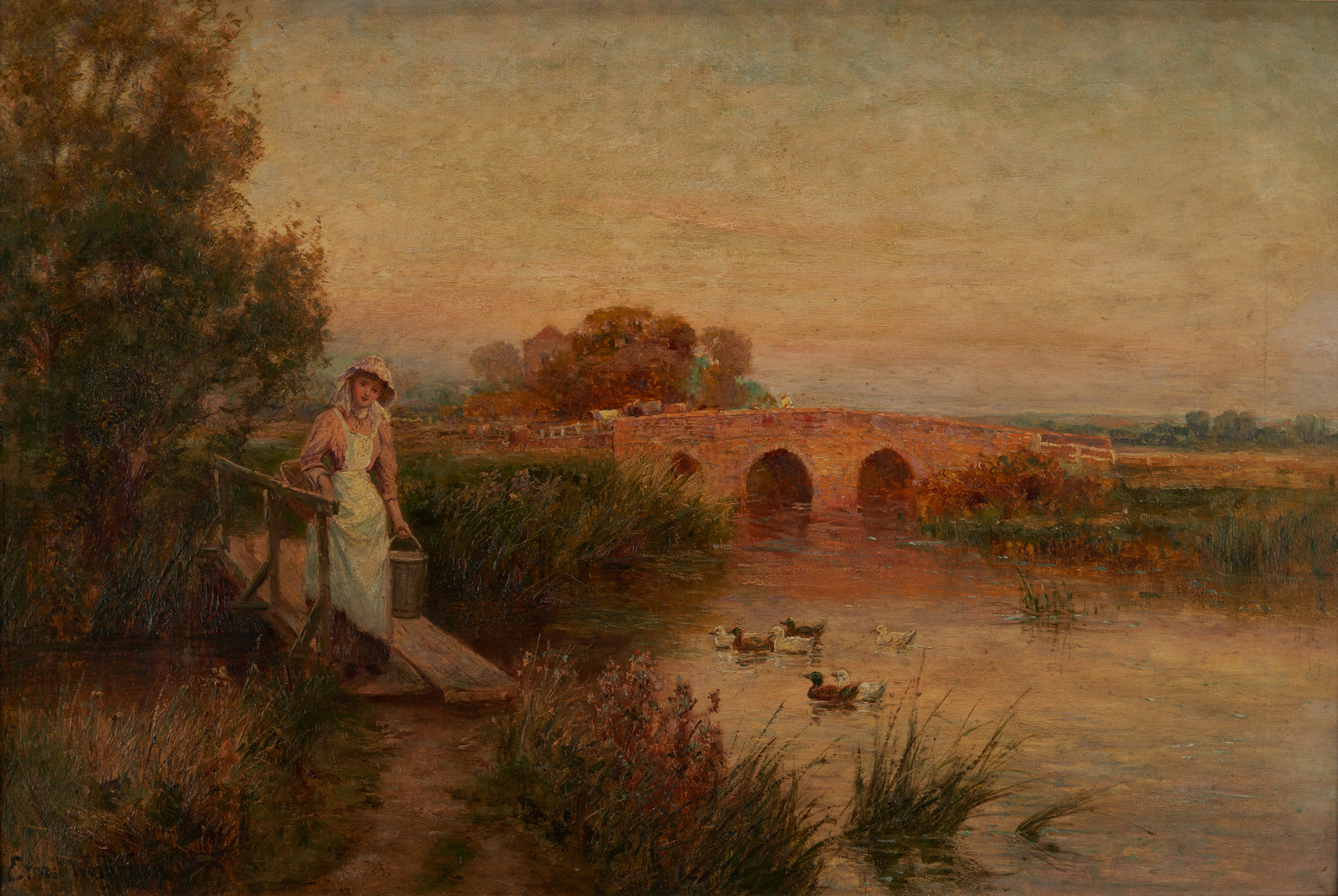 Lot 116: Ernest Walbourn O/C, English Landscape with Figure and Ducks