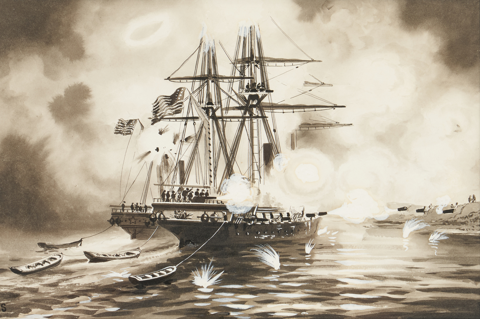 Lot 129: Xanthus Smith W/C, Ship Bombarding the Shore