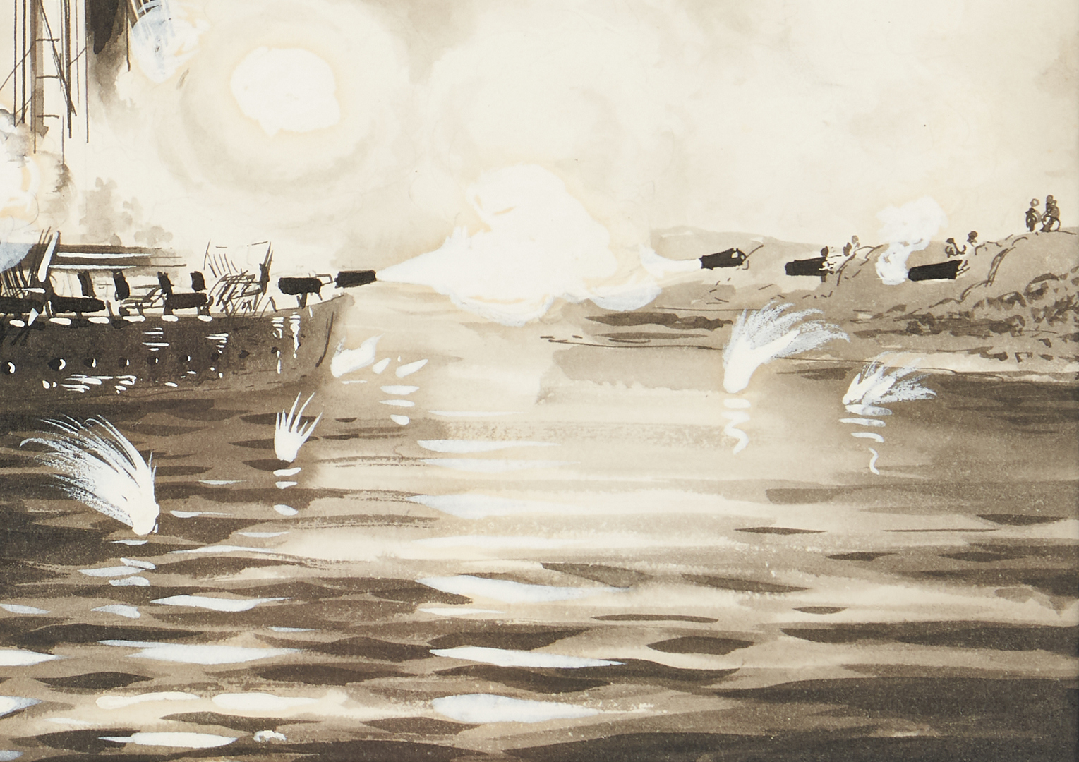 Lot 129: Xanthus Smith W/C, Ship Bombarding the Shore