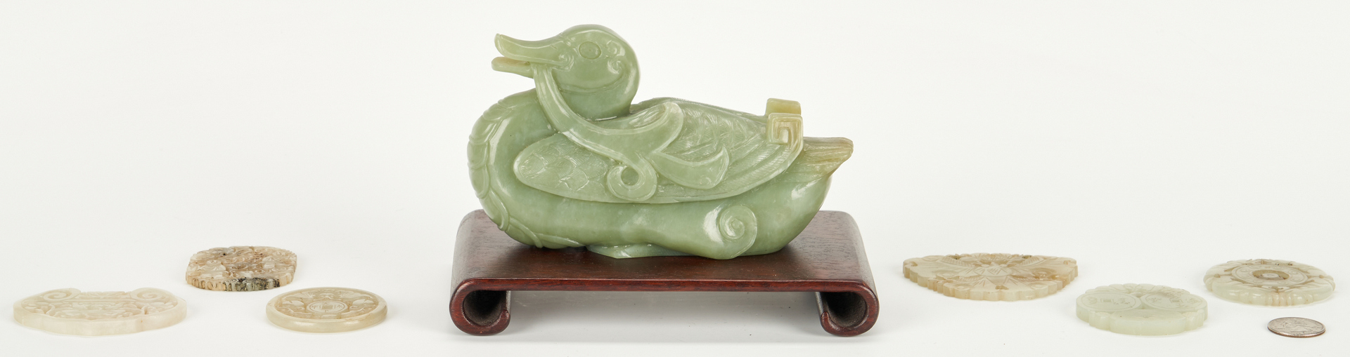 Lot 13: Chinese Carved Jade Duck and Plaques, 7 items