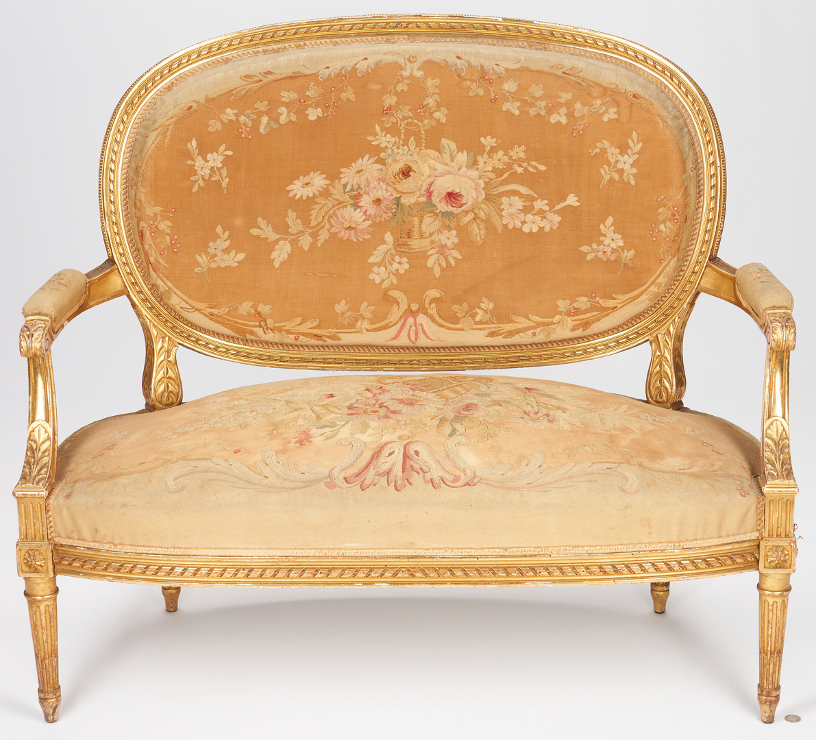Lot 202: Louis XVI Style Gilt Carved Settee & 2 Arm Chairs