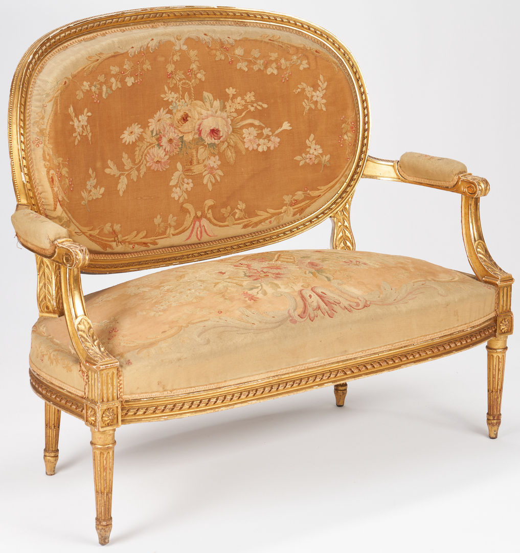 Lot 202: Louis XVI Style Gilt Carved Settee & 2 Arm Chairs