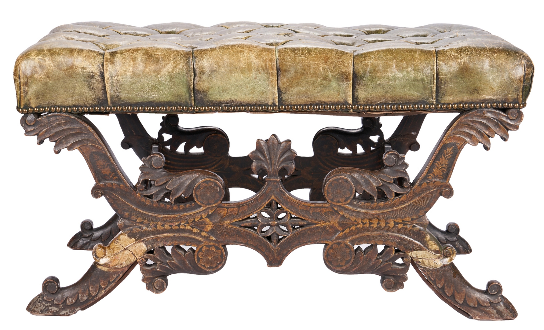 Lot 203: Baroque Style Tufted Leather Bench