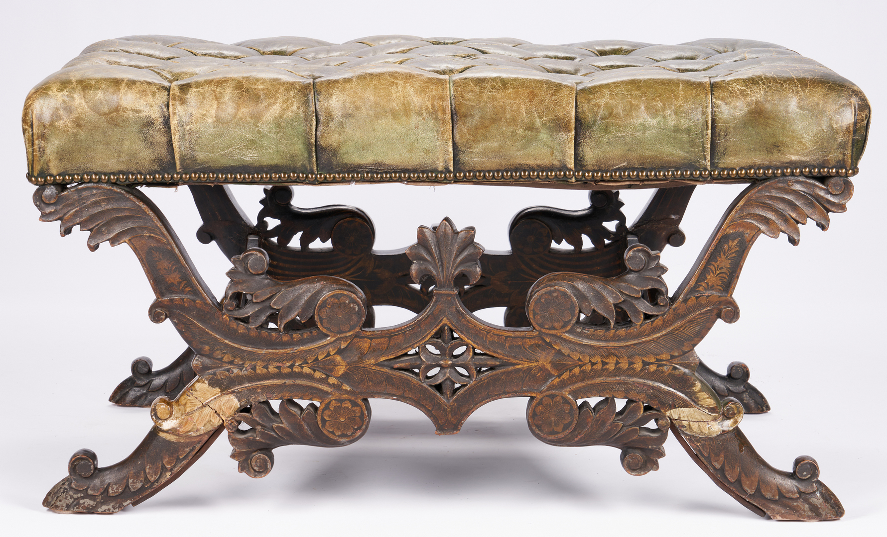 Lot 203: Baroque Style Tufted Leather Bench