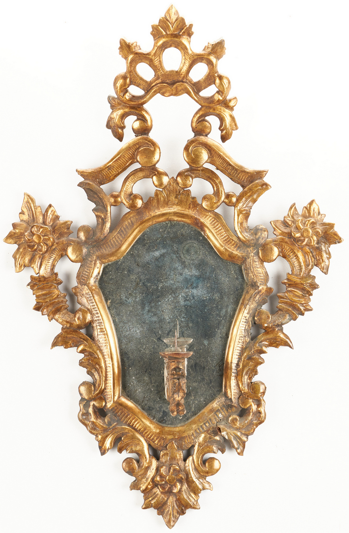 Lot 205: Pr. Italian Gilt Carved Mirrored Candle Sconces