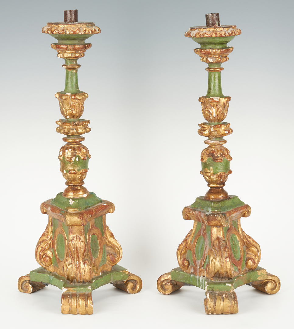 Lot 207: Pair of Carved Baroque Style Candlesticks
