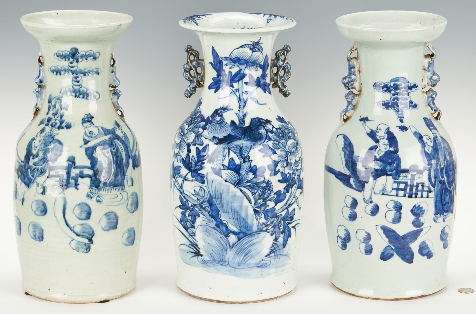 Lot 20: 3 Blue and White Porcelain Vases and Chinese Warrior Plate, 4 items