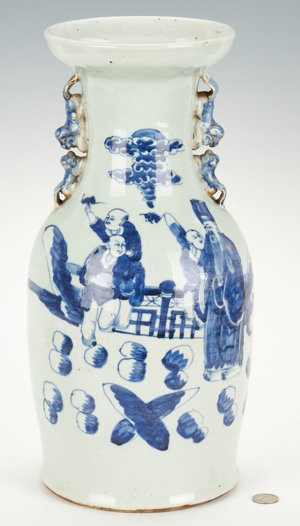 Lot 20: 3 Blue and White Porcelain Vases and Chinese Warrior Plate, 4 items