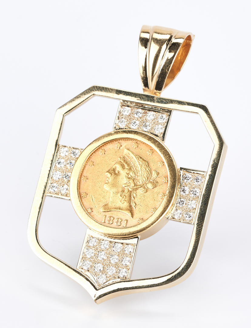 Lot 212: 18K pendant with 1881 Ten Dollar Gold Coin and Diamonds