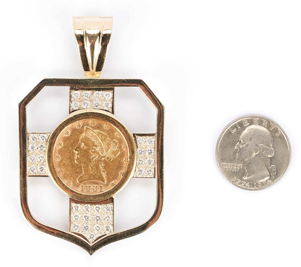 Lot 212: 18K pendant with 1881 Ten Dollar Gold Coin and Diamonds