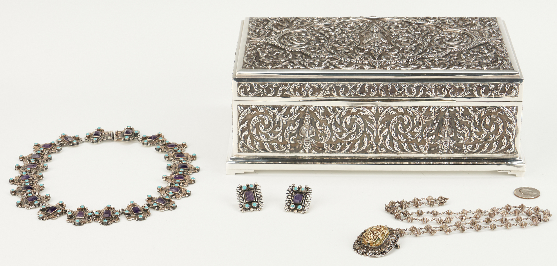 Lot 24: 3 Ladies Sterling Jewelry Items & 1 Thai Silver Box