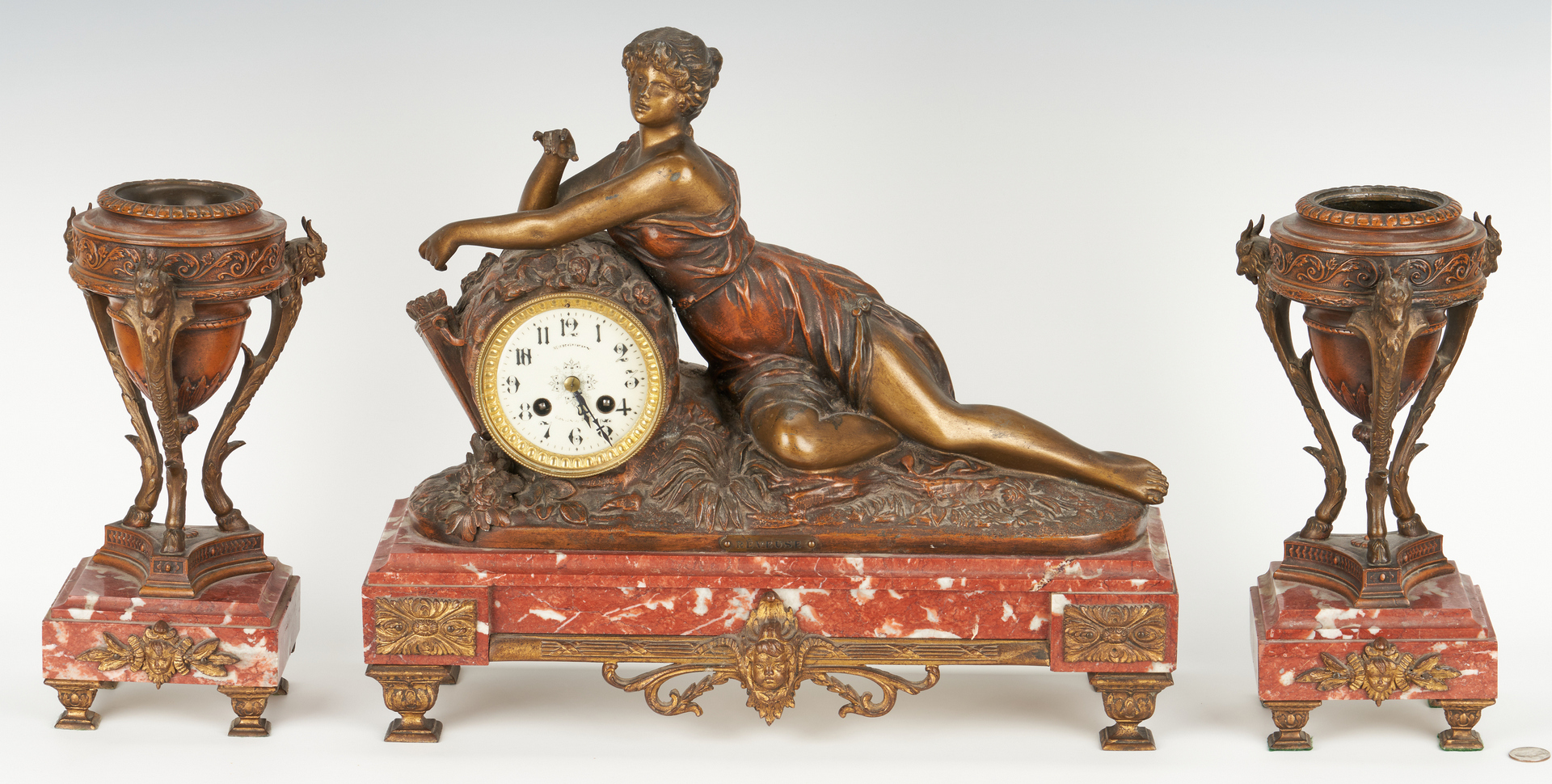 Lot 332: 3 Pc. French Figural Clock Garniture Set