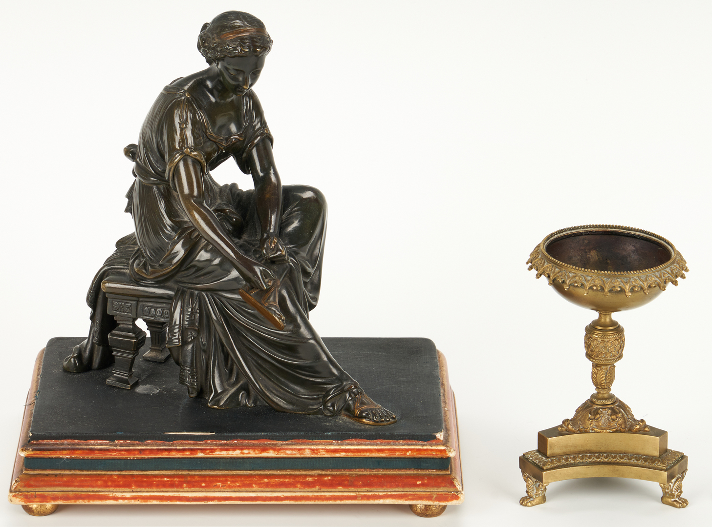 Lot 333: Bronze figure of woman on bench plus sm. compote
