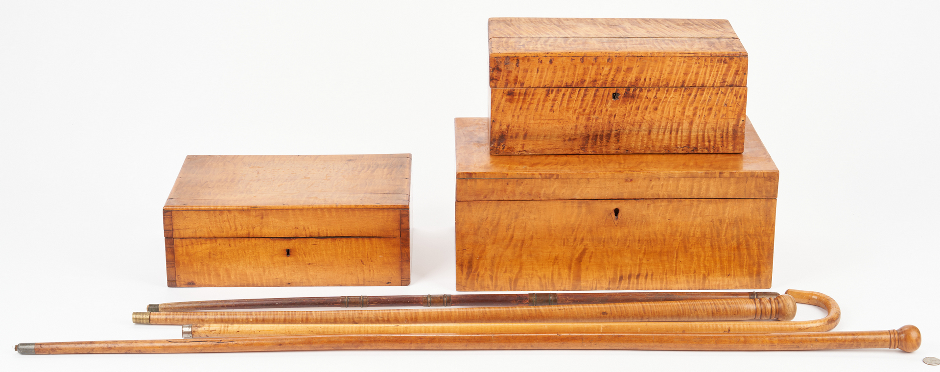 Lot 350: 7 Tiger Maple Items, incl. Boxes & Walking Sticks